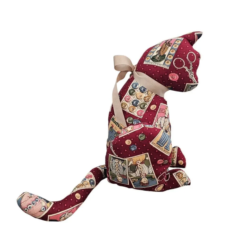 Vintage Handmade Cat Plush Red Patchwork Shelf Sitter Sewing Cottage Kitty Cats